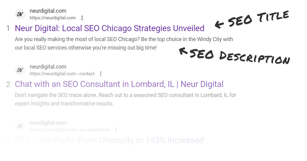 SEO title and SEO meta description example shown on Neur Digital search results page