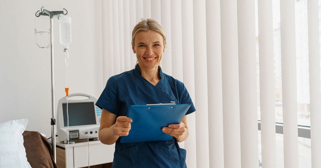 Nurse holding a chart talking about medical SEO