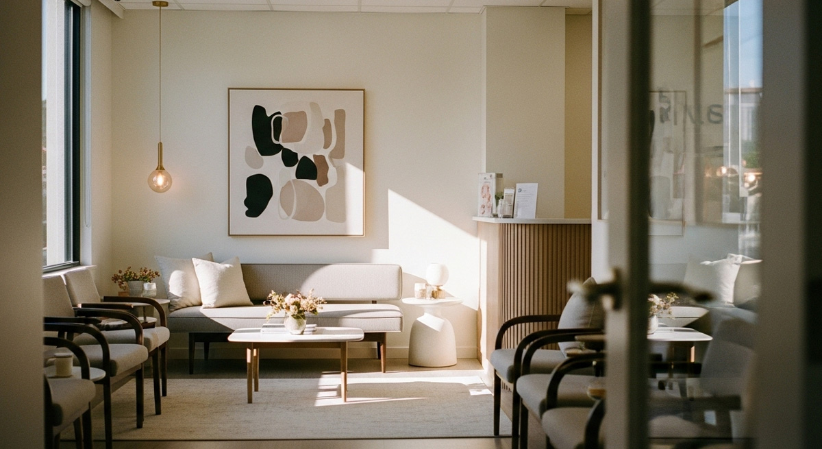 Plastic surgeon website design AI prompt of a waiting room generated entirely with AI from a text-based prompt.